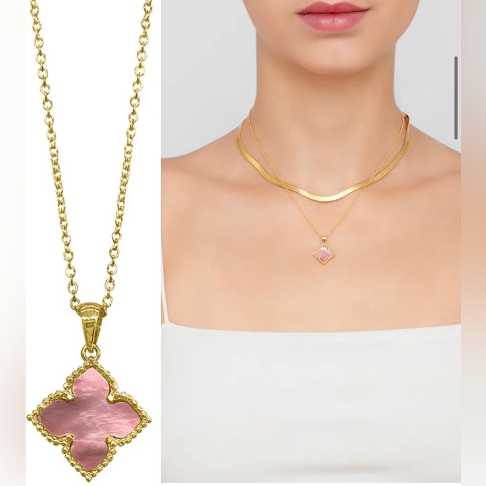 Gorgeous 14 karat gold plated mother pearl pendant necklace with pink pearls
